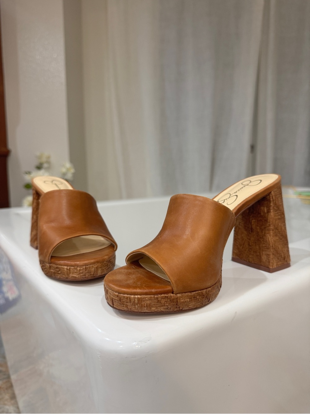 Jessica Simpson Cognac Leather Cork Platform Mule Heels